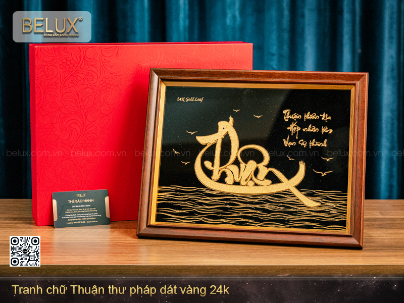 Tranh chữ Thuận thư pháp dát vàng 24k - 32x25cm